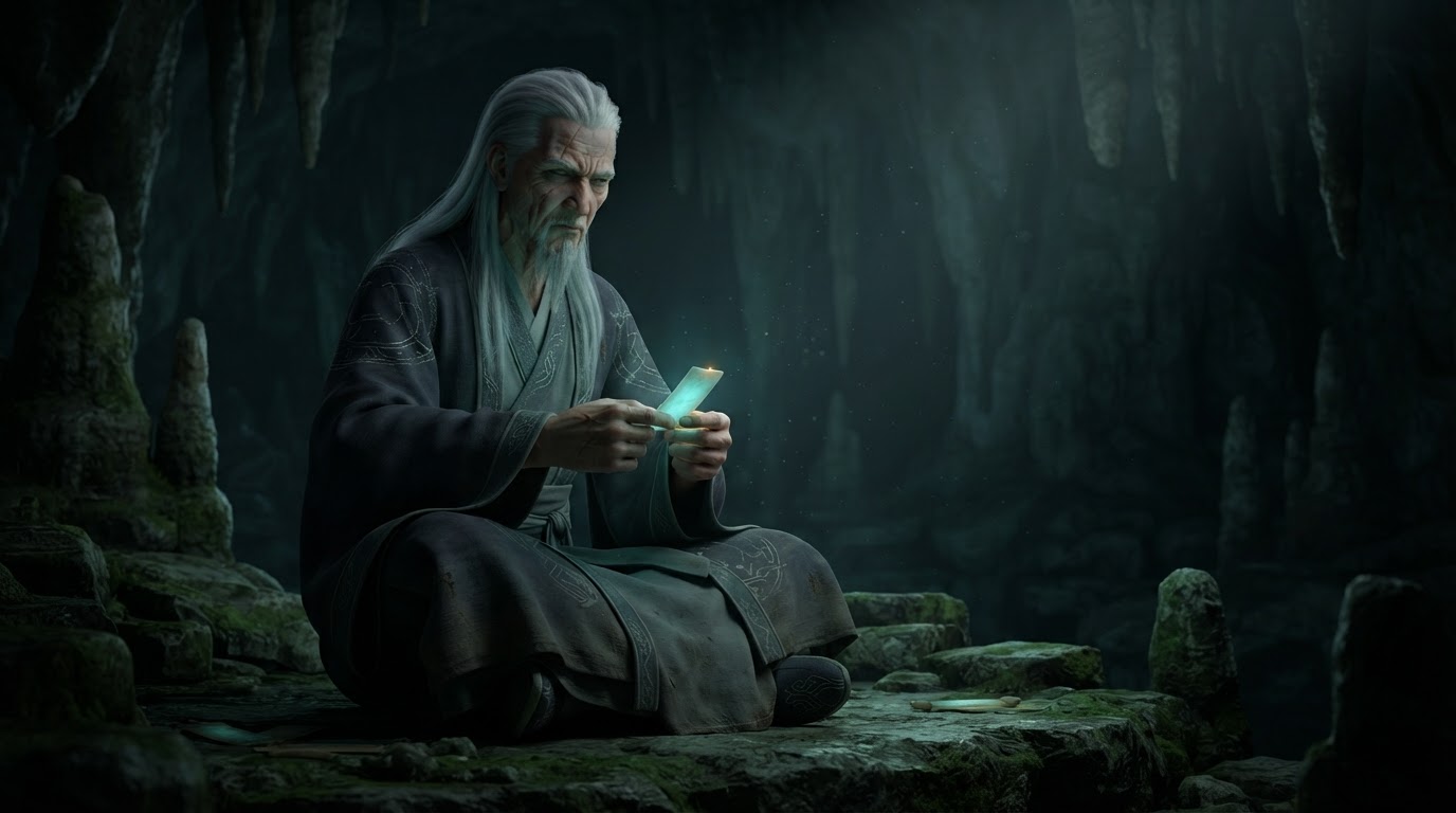 The elderly cultivator in black robes holds a glowing jade slip in the depths of a karst cave