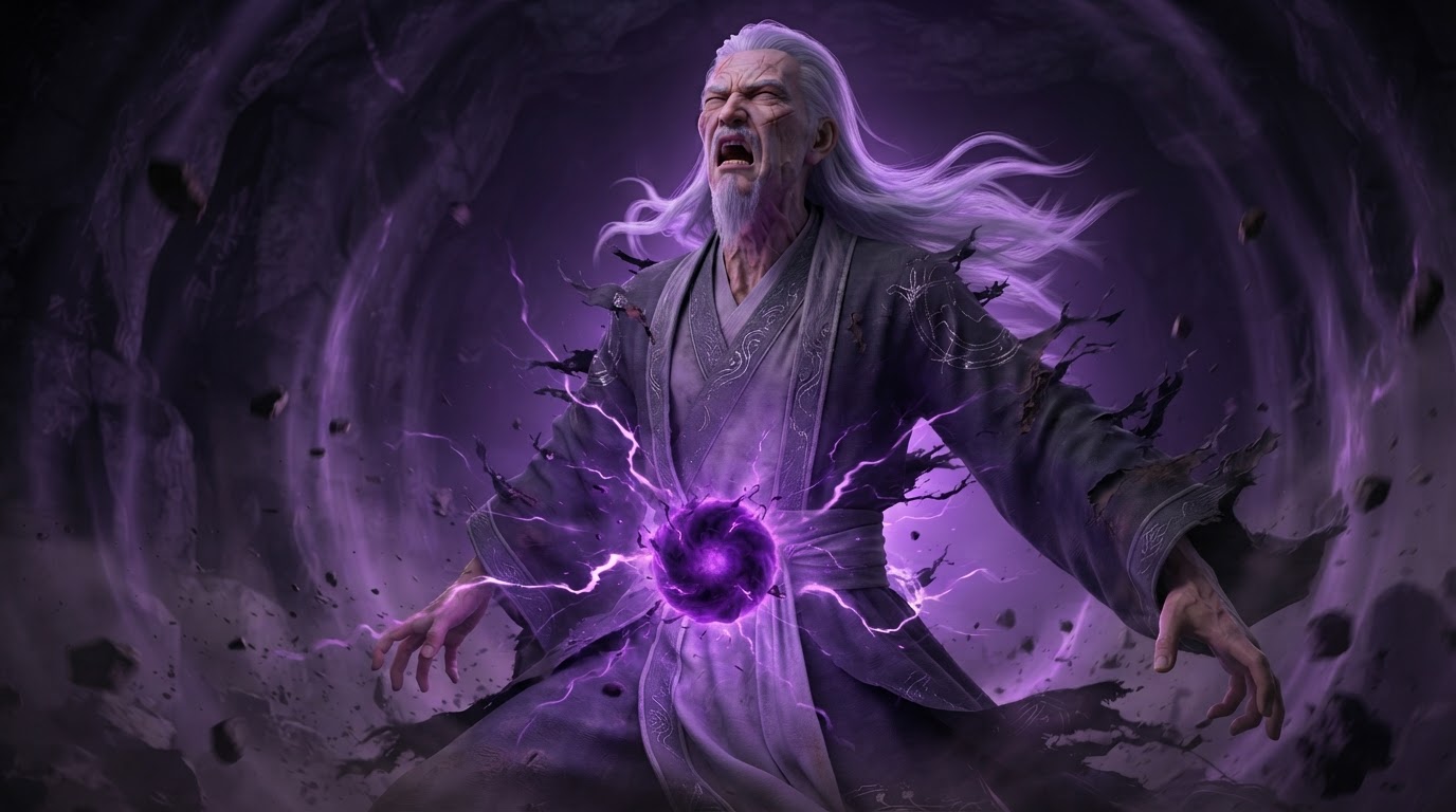 The cultivator in agony as his fully-formed deep-purple core thrums violently, warping space around him