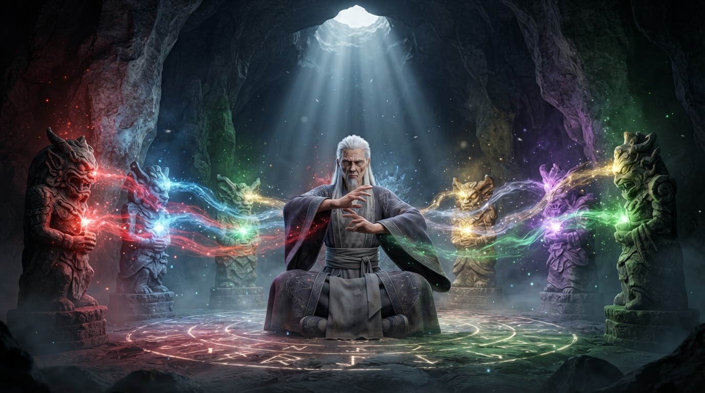 The elderly cultivator performs a double-handed incantation as nine idol statues blaze with multi-colored light