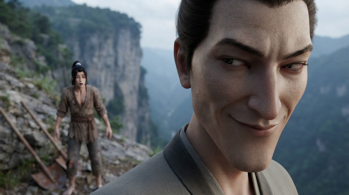 Bao Tie looking back with a malicious grin while a startled Xiao Shan shudders in soft focus on the cliffside