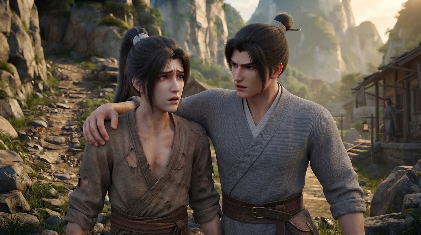 Da He seriously warning bewildered Xiao Shan about the dangerous examination with his arm over Xiao Shan's shoulder