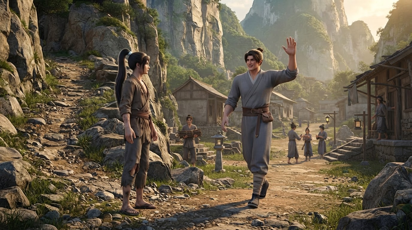 Da He waving warmly to Xiao Shan as the mountain path widens toward the rough new disciples' quarters
