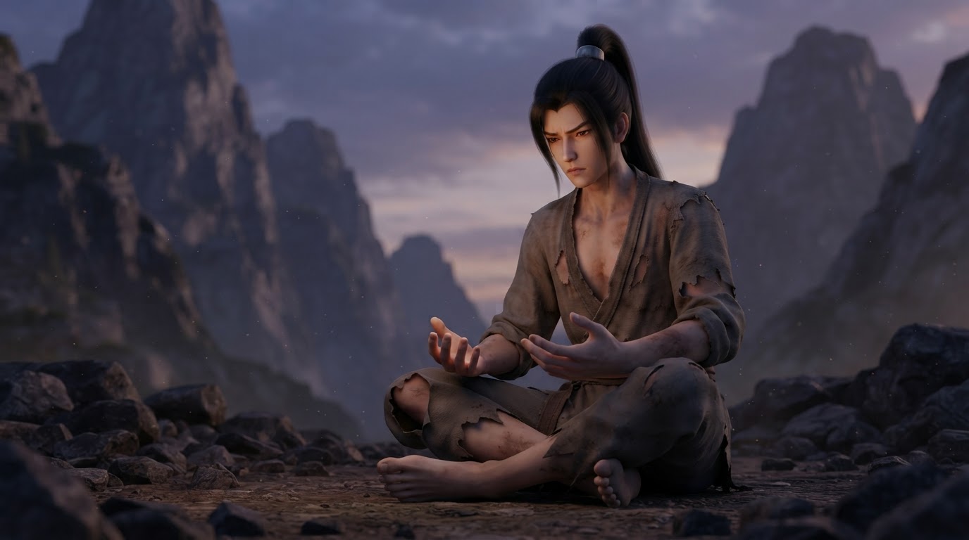 Xiao Shan sitting cross-legged at the mountain base, studying his open hands as a quiet anger simmers within him