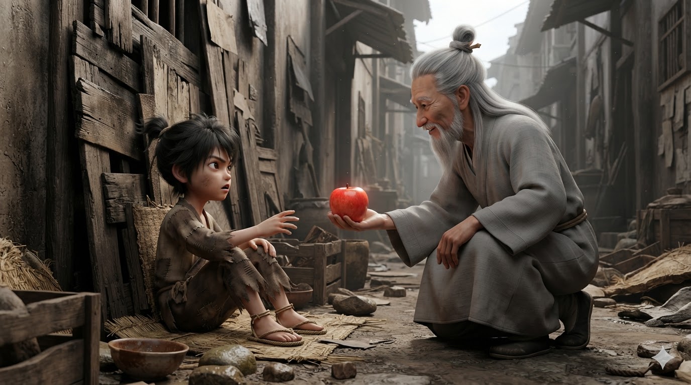 The elderly Master offering a red apple to young Xiao Shan seated against a rickety wall in a poor slum alley