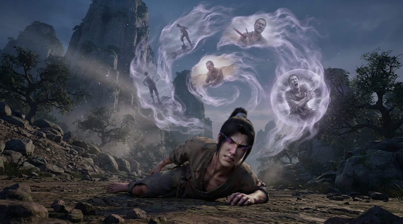 Xiao Shan pushing himself up off the ground as fragmented memories of past lives stream around his head