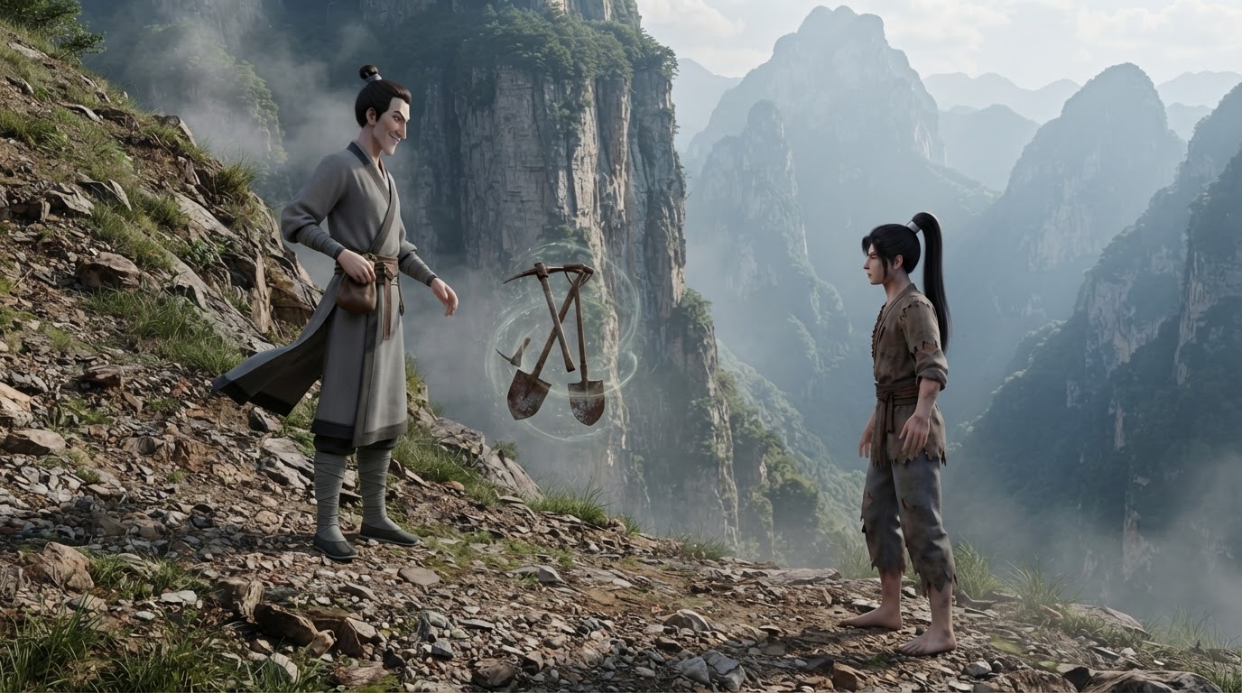 Bao Tie tapping the bag at his waist as rusted digging tools appear before speechless Xiao Shan on a steep mountain cliff