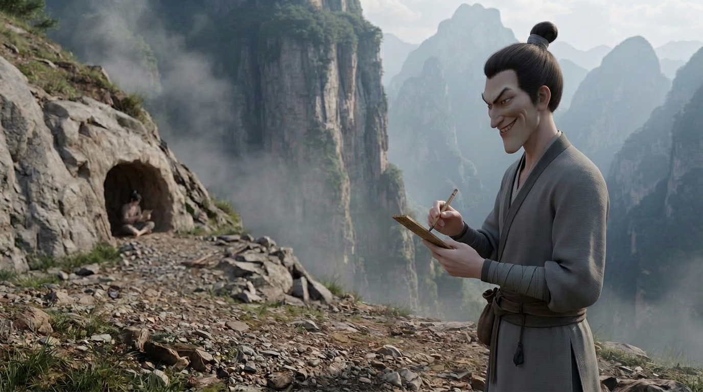 Bao Tie taking notes on a wooden slip with a wicked grin while Xiao Shan's distant cave worksite remains blurred across the mountain slope