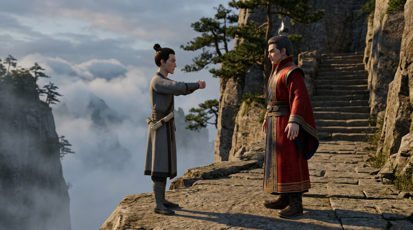 Bao Tie greets Uncle Bao Yan with a formal cupped-hands salute on the mountain path at the cliff edge