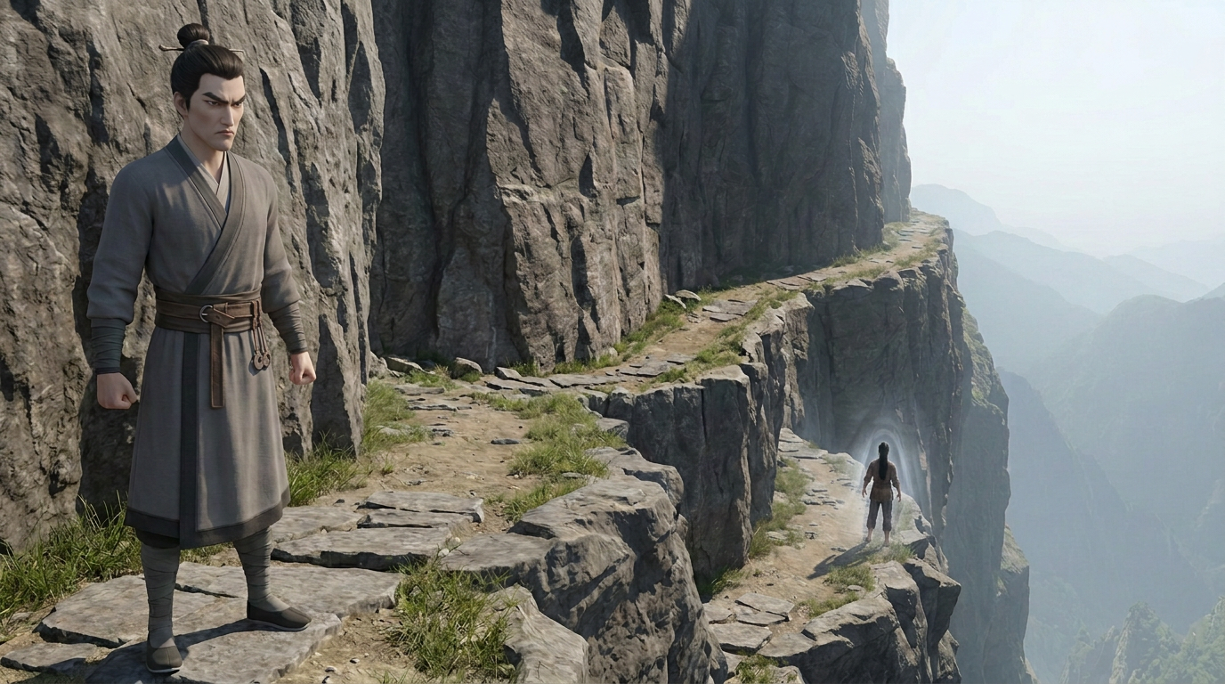 Bao Tie stands grounded on an exposed mountain-side path, looking angrily toward Xiao Shan far ahead on the winding descent as he senses Xiao Shan's new cultivation