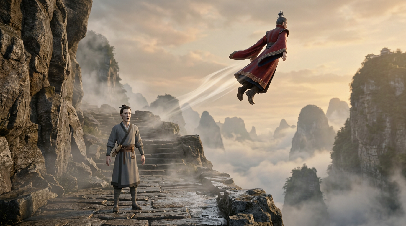 Bao Yan flies away toward the distant sect above the mountain path while Bao Tie remains below, rigid and wide-eyed with stunned dread