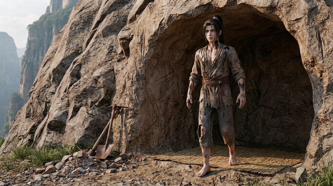 Xiao Shan steps out of his rough mountain cave in daylight, black cleansing sweat dripping from his ragged clothes and a subtle residual violet flash lingering in his left eye