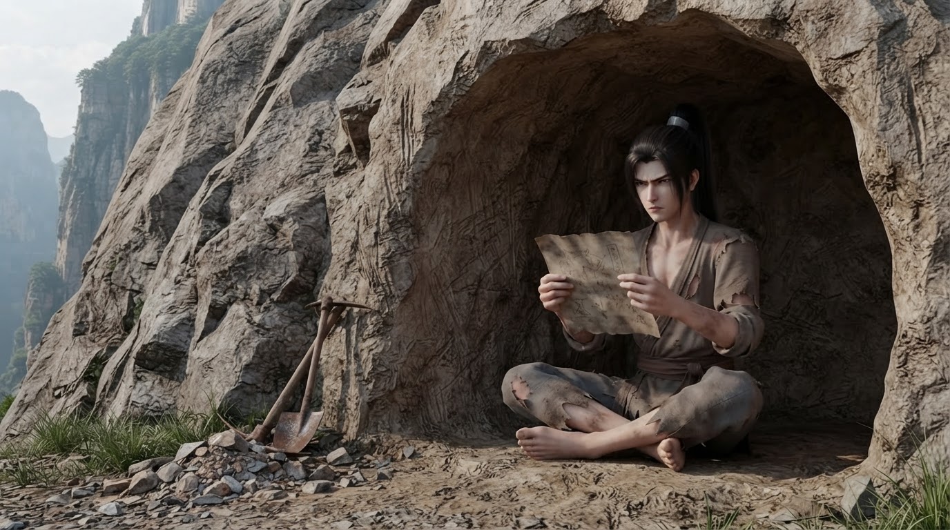 Exhausted Xiao Shan sitting cross-legged inside a shallow cave carved into a steep mountain slope while studying cultivation instructions with a puzzled expression