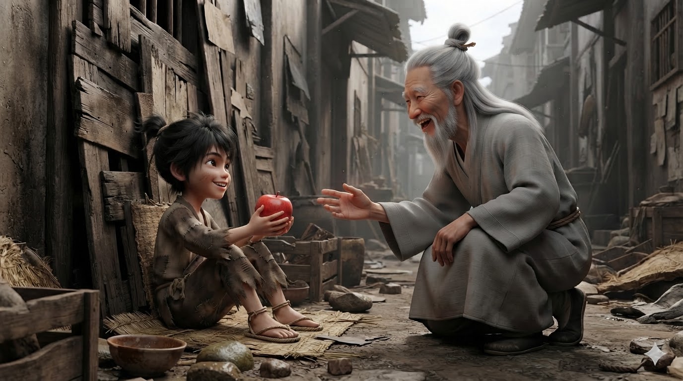 Young Xiao Shan holding a bright red apple with a radiant smile as his elderly master throws a warm, hearty laugh in the poor slum alley