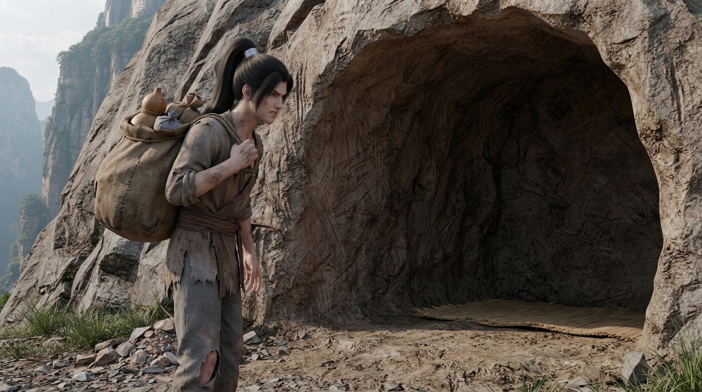 Determined Xiao Shan arriving at his shallow mountain cave with a large heavy rag bag packed with several days of food and water supplies