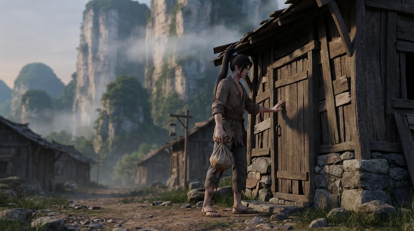 Xiao Shan, weary at dusk, resting one hand on the rough wooden door of his humble shack while holding a knotted cloth bundle of leftovers in the other, the poor mountain-base disciple settlement behind him