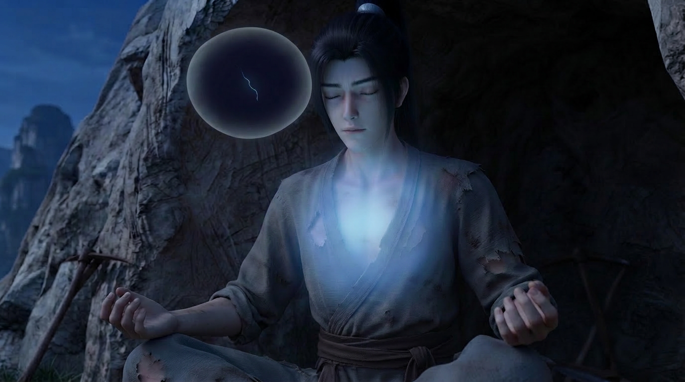 Xiao Shan sitting in meditation with closed eyes as a soft blue-white light radiates from his chest and a single spiritual thread appears inside a mental vision of the void