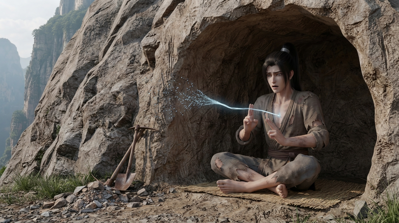 Daylight spills into Xiao Shan's rough mountain cave as one pale blue-white spiritual thread escapes his chest and dissolves into fading particles while he recoils in shock