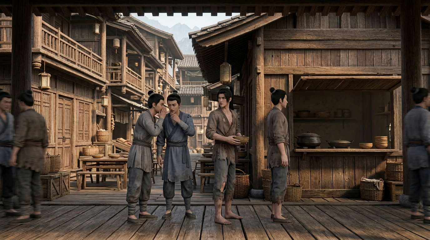 Xiao Shan waiting in a village provisions queue while two disciples gossip to his left and another disciple waits beside the wooden kitchen walkway
